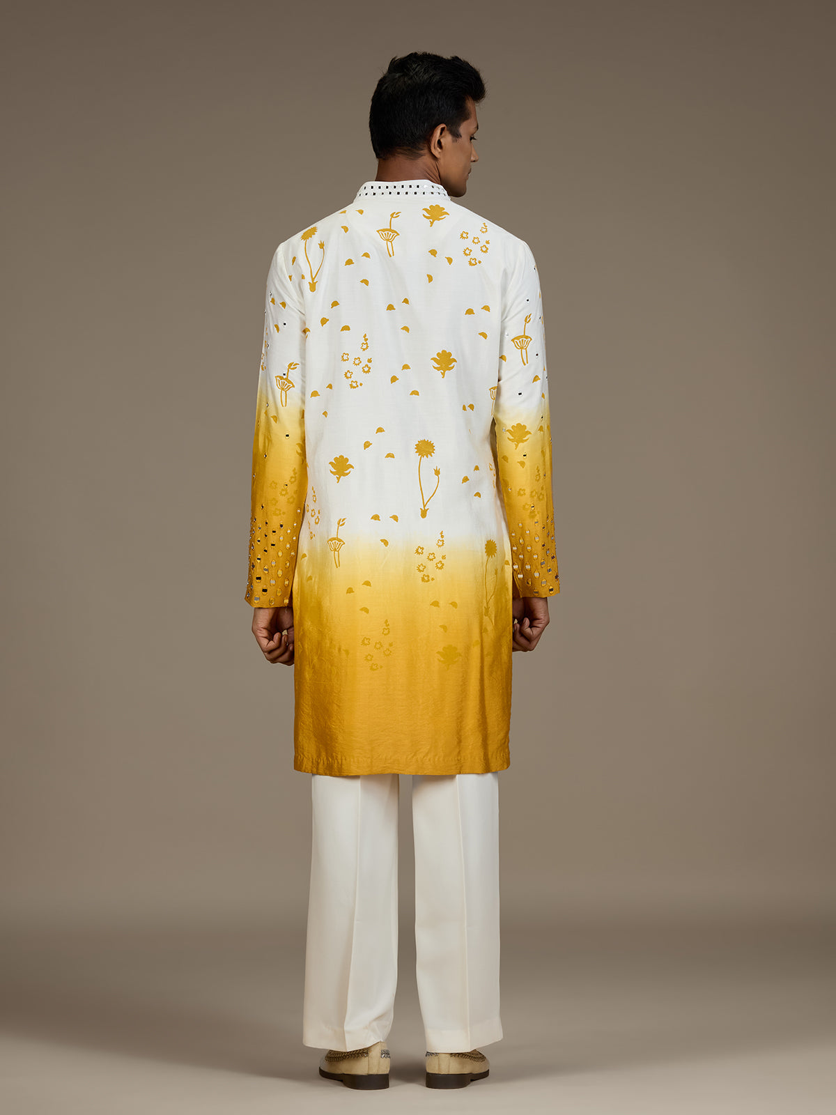White yellow mens artisanal silk kurta suit with dupatta