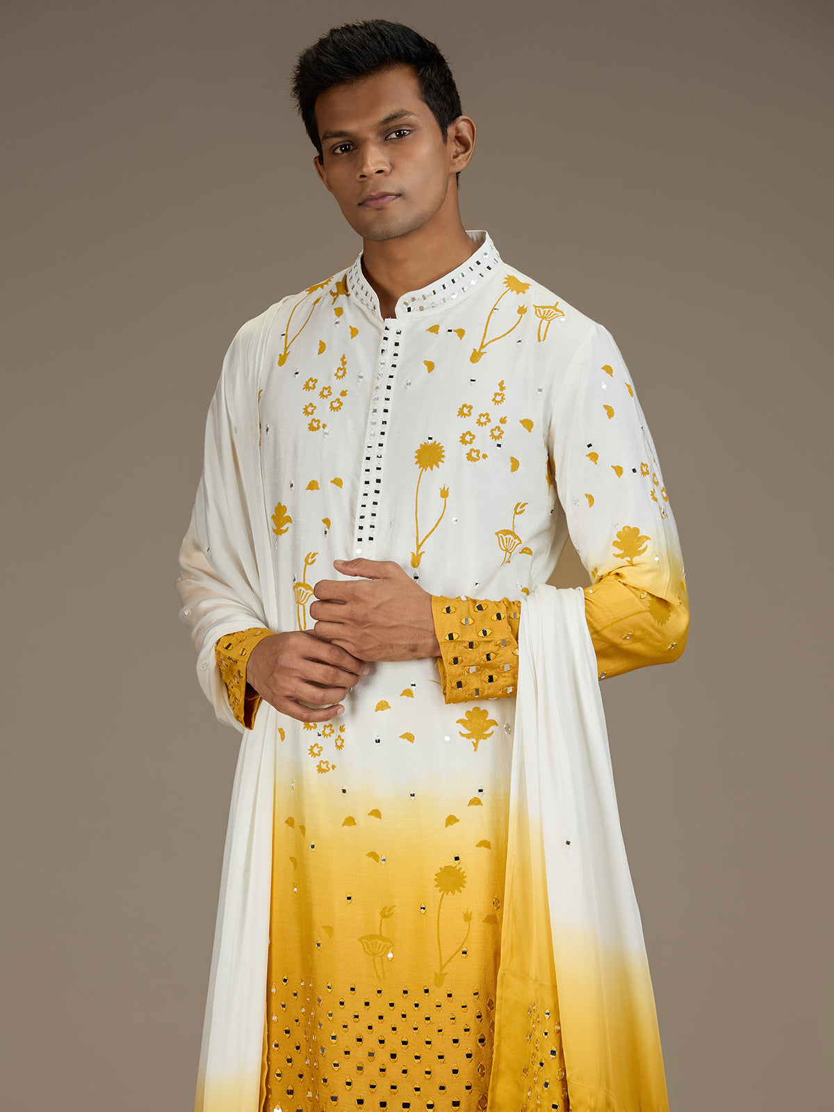 White yellow mens artisanal silk kurta suit with dupatta