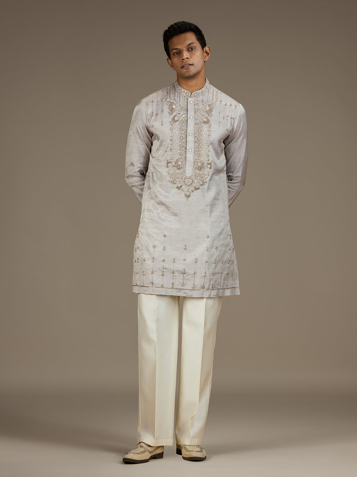 Grey mens opulent tissue kurta suit with pant