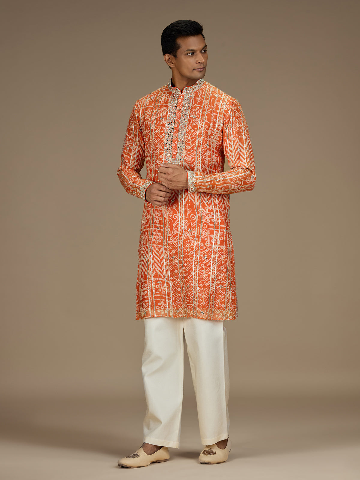 Orange mens regal bandhani embroidered kurta pyjama