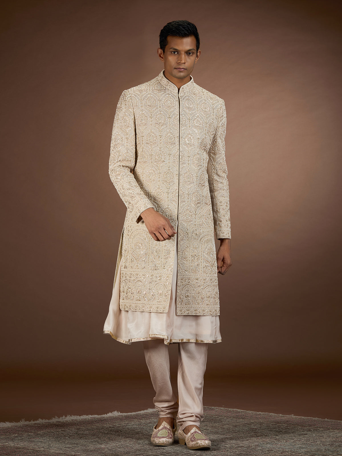 Rose gold mens regal embroidered sherwani