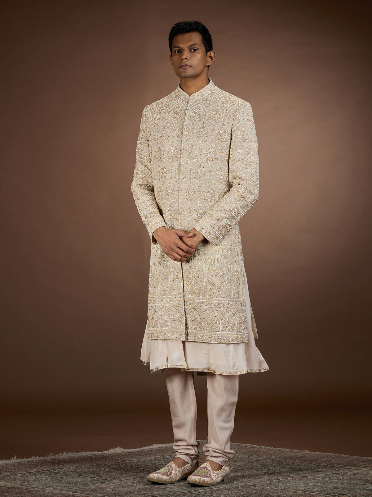 Rose gold mens regal embroidered sherwani