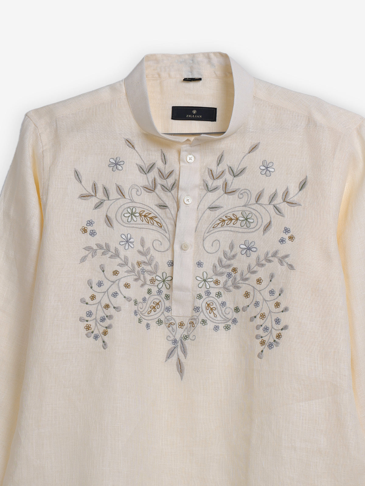 Cream linen embroidered men festive short kurta