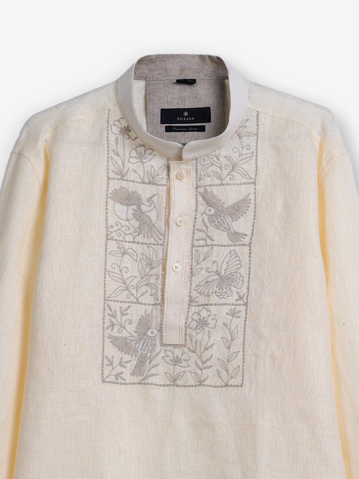 Butter yellow cotton linen embroidered men kurta