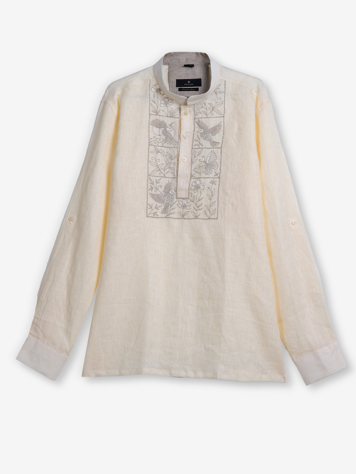 Butter yellow cotton linen embroidered men kurta