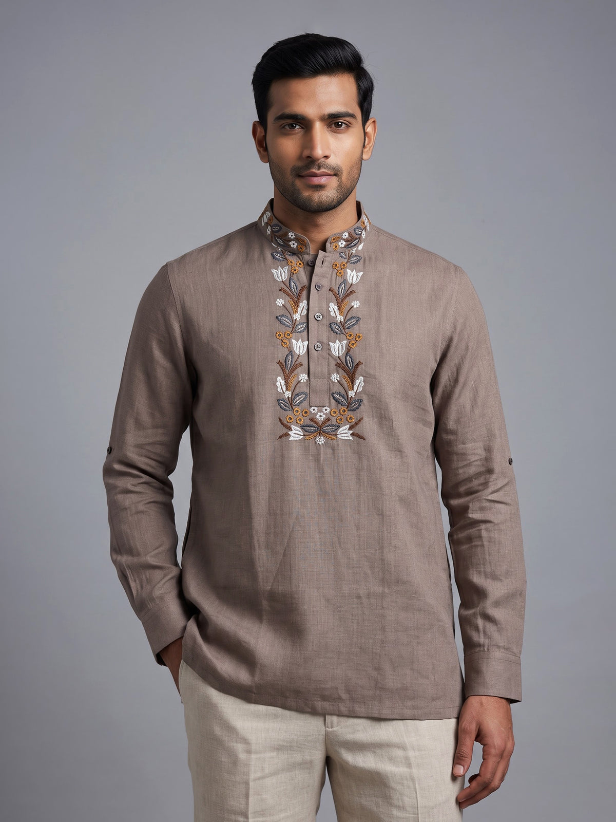 Brown cotton linen embroidered men short kurta