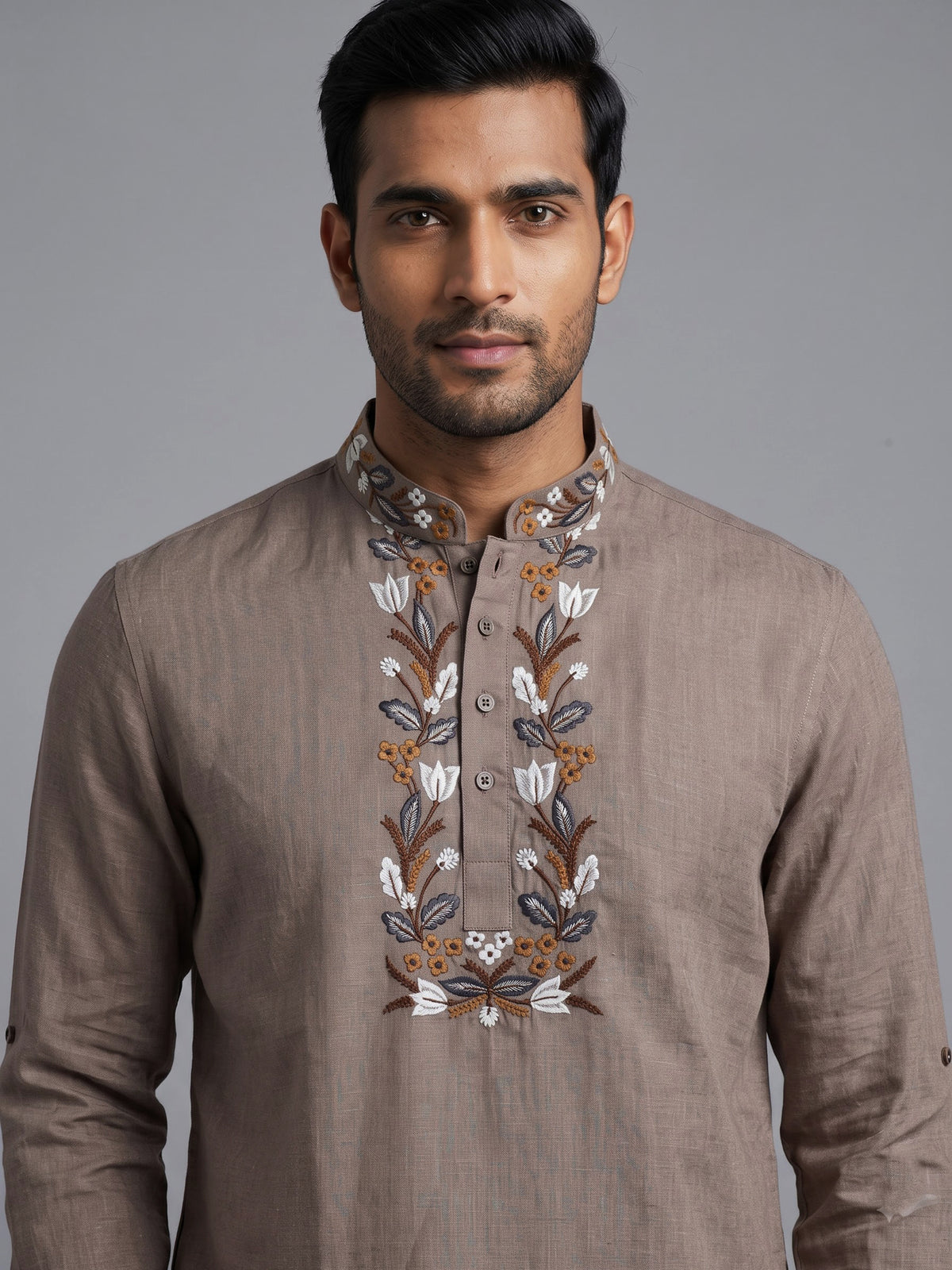 Brown cotton linen embroidered men short kurta