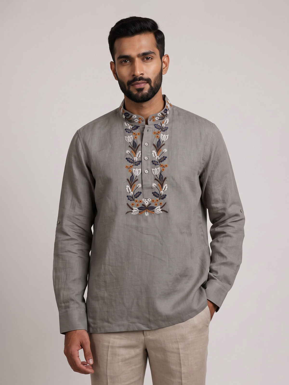 Grey cotton linen embroidered men short kurta