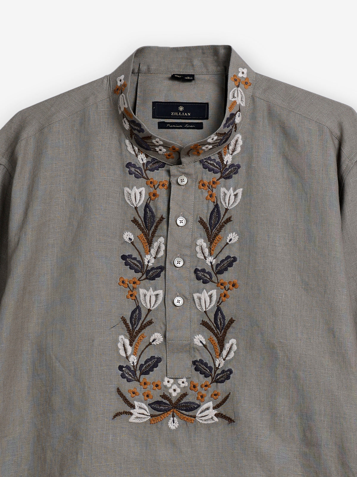 Grey cotton linen embroidered men short kurta