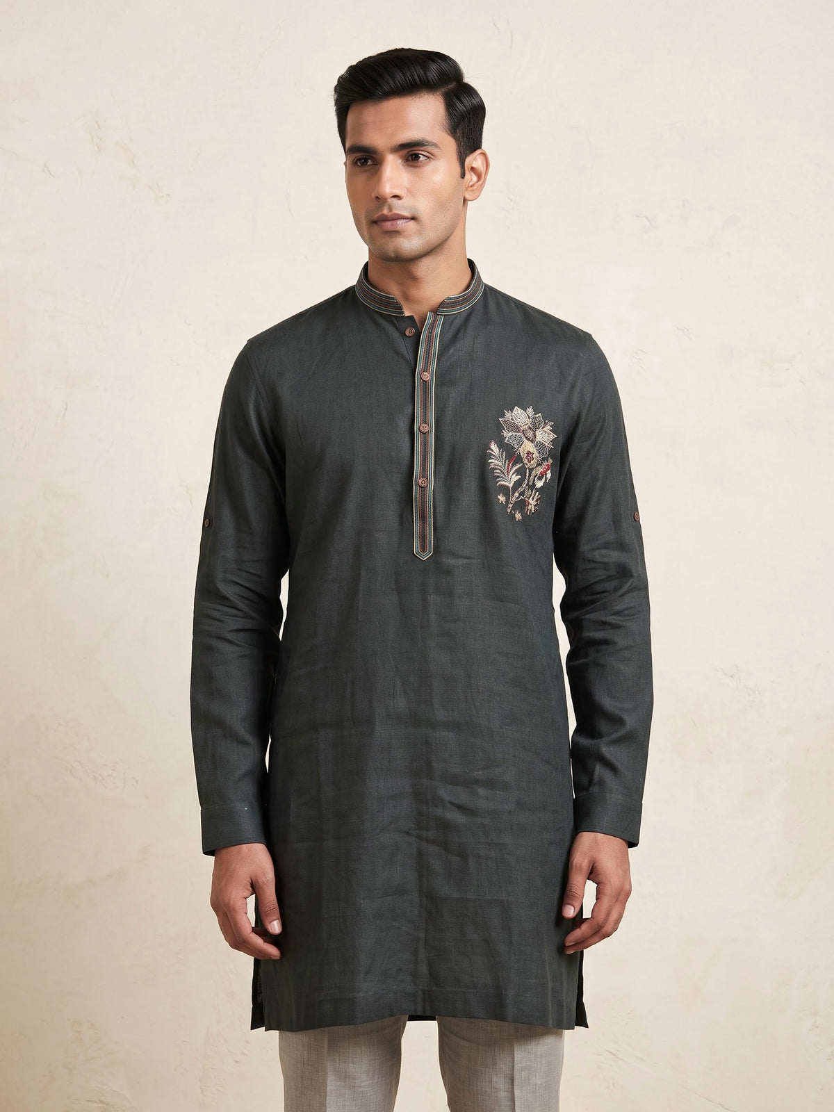Bottle green cotton silk embroidered men festive kurta