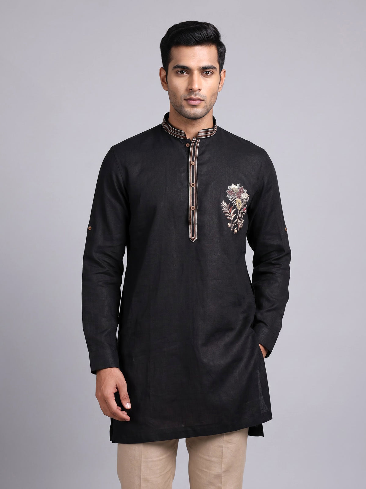 Black cotton silk embroidered men festive kurta