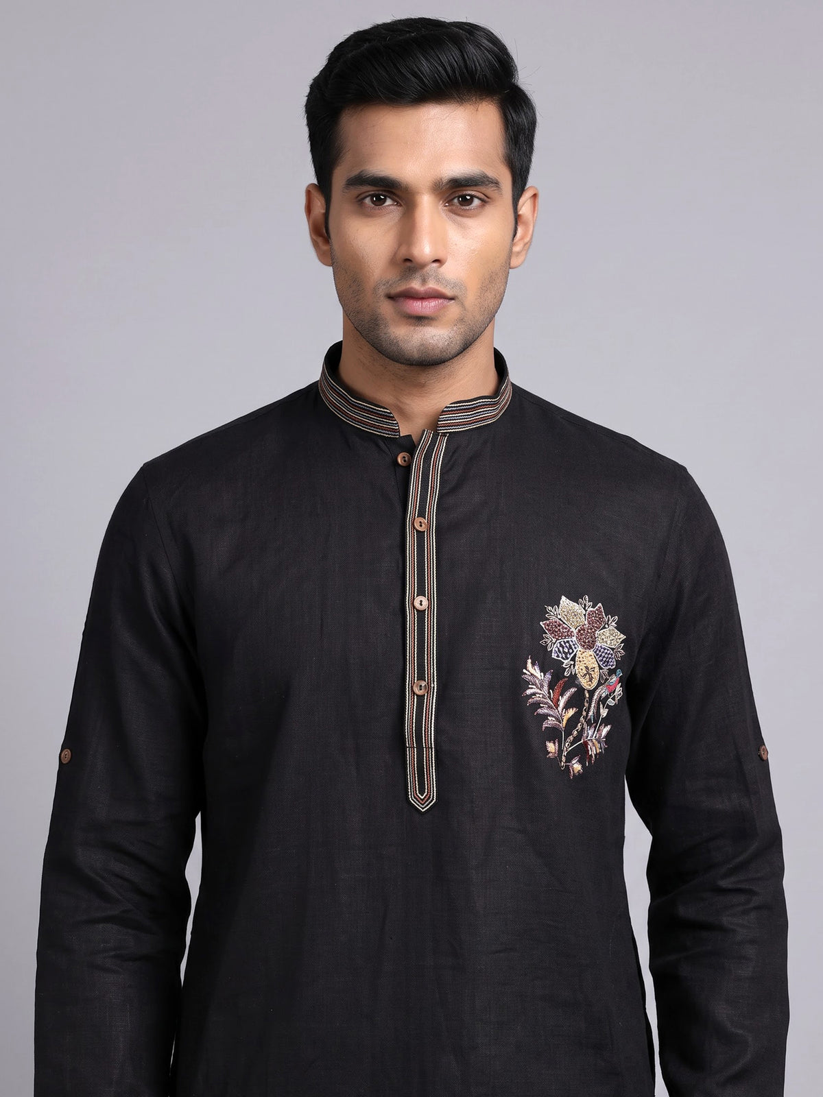 Black cotton silk embroidered men festive kurta