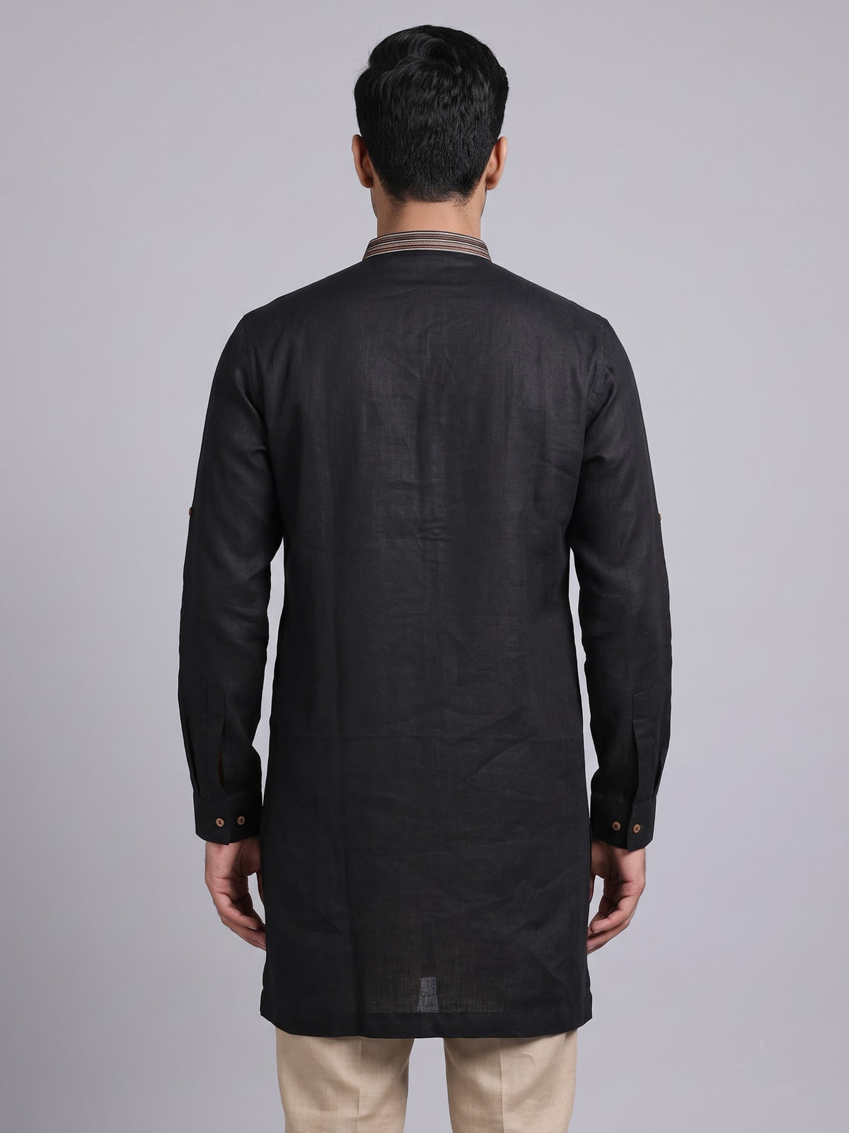 Black cotton silk embroidered men festive kurta