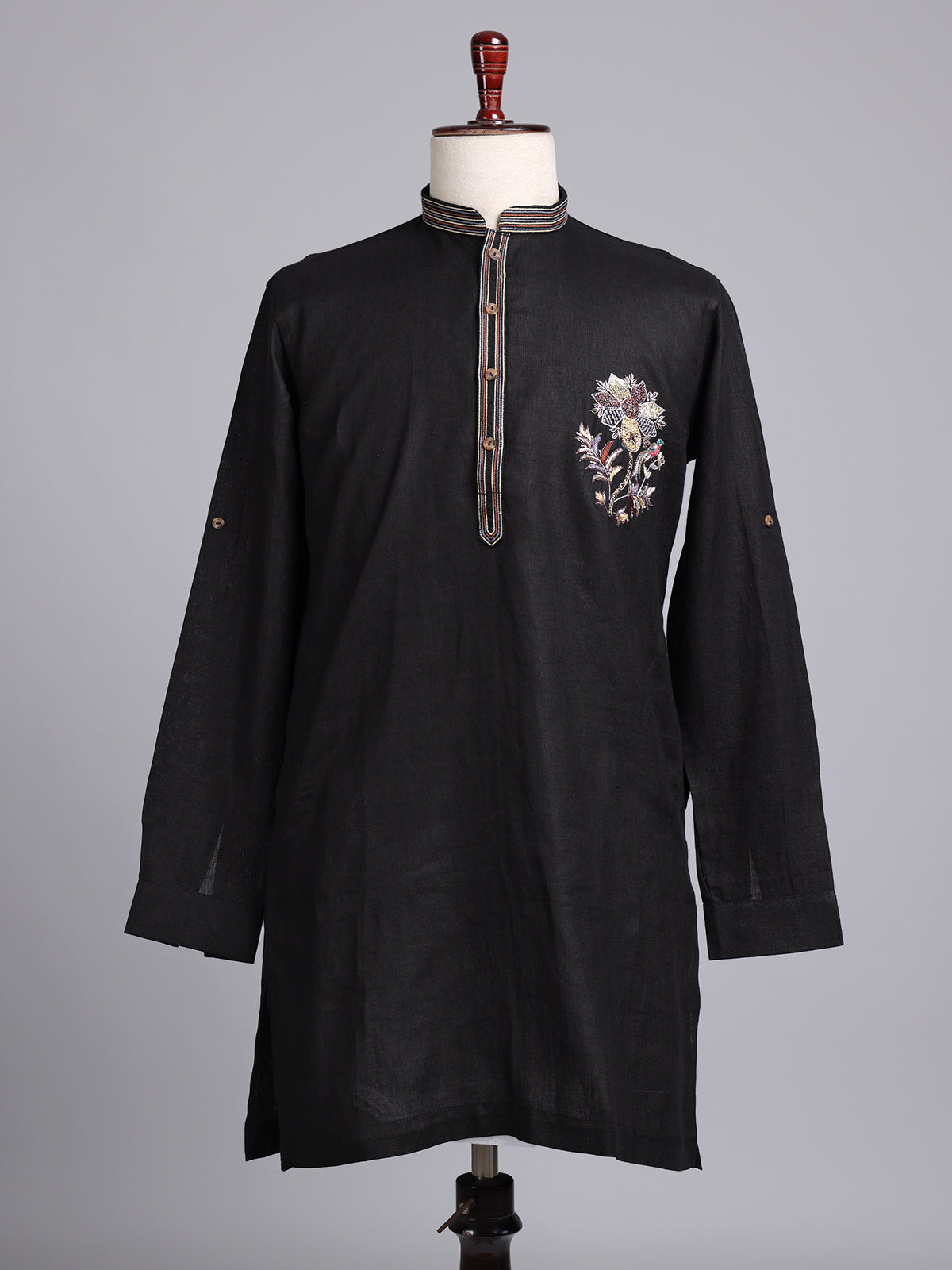 Black cotton silk embroidered men festive kurta