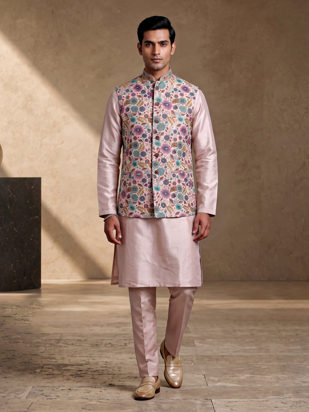 Pastel lavender exquisite embroidered men nehru waistcoat set