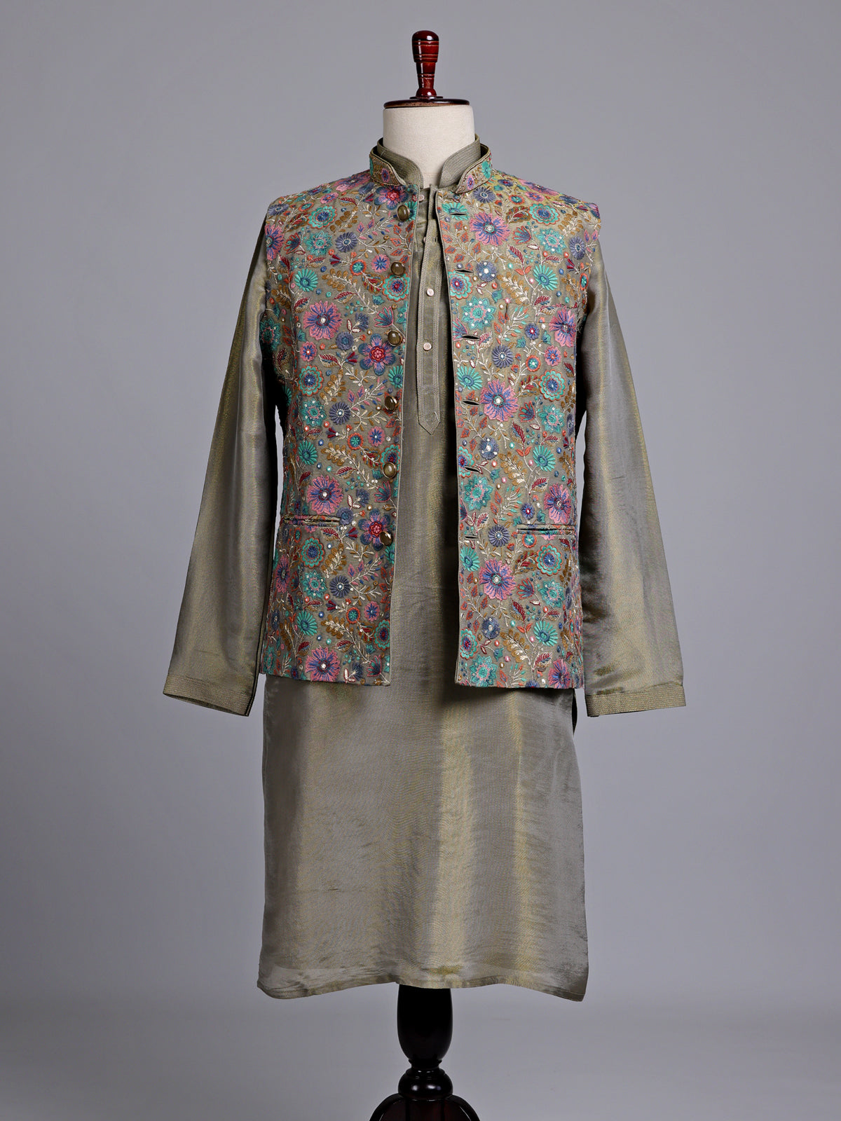 Olive regal floral embroidered men nehru waistcoat set