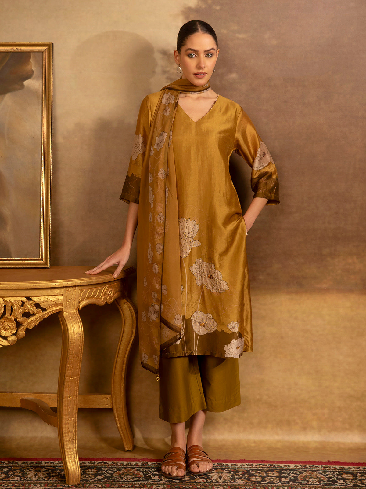 Mustard olive cotton silk women kurti set with floral print