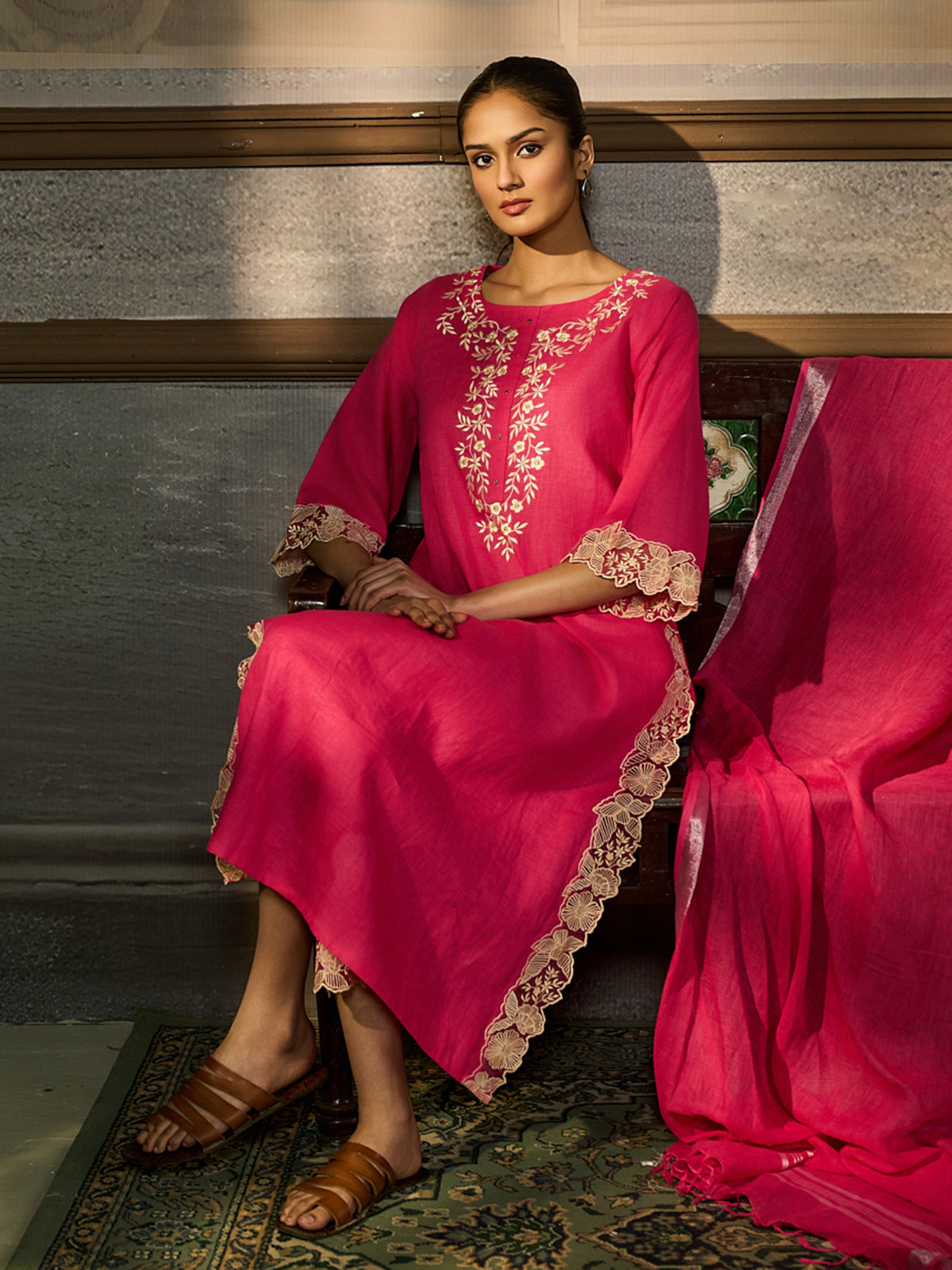 Rani pink cotton blend women kurti set with lace