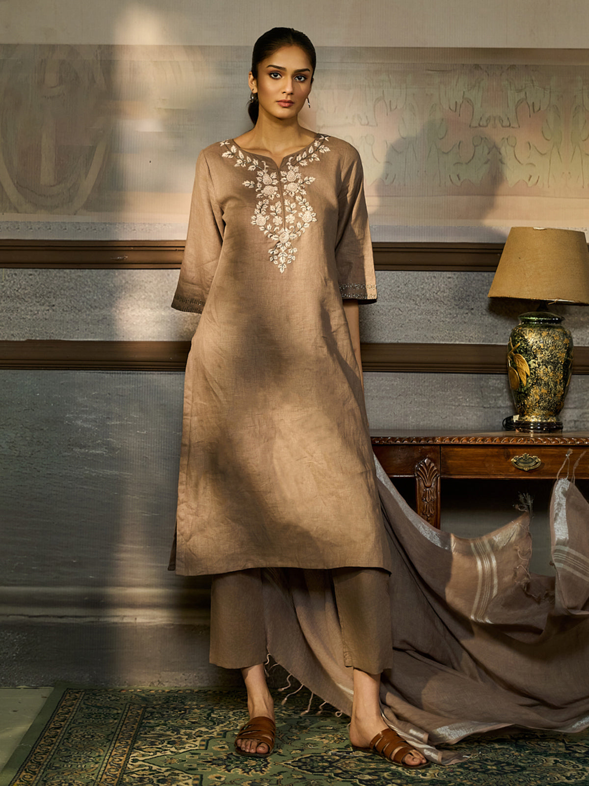 Taupe beige cotton linen women kurti set with dupatta