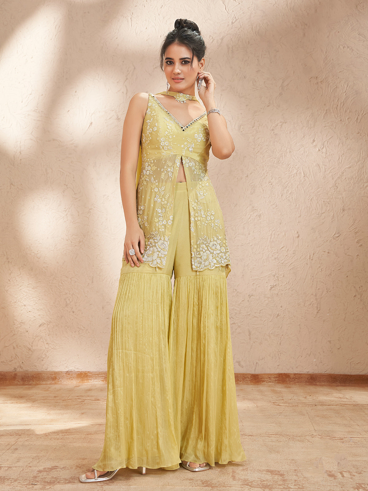 Yellow chiffon georgette sharara suit with embellished dupatta