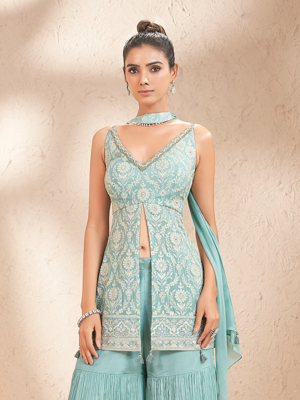 Mint blue chiffon georgette sharara suit with designer embellishments