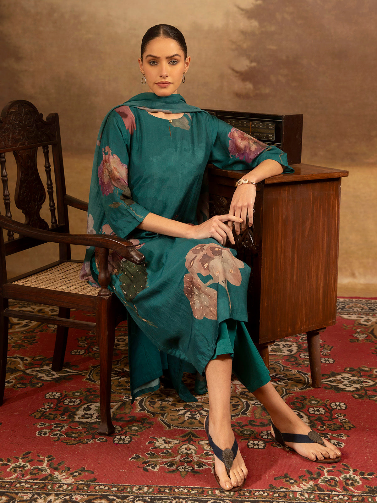 Teal blue silk blend women kurti set with watercolor florals