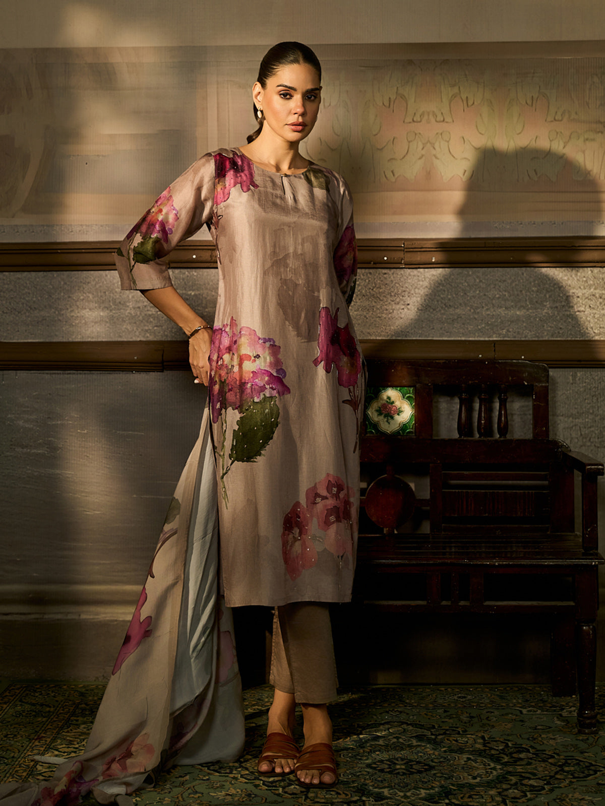Dark beige cotton silk women kurti set with orchid print