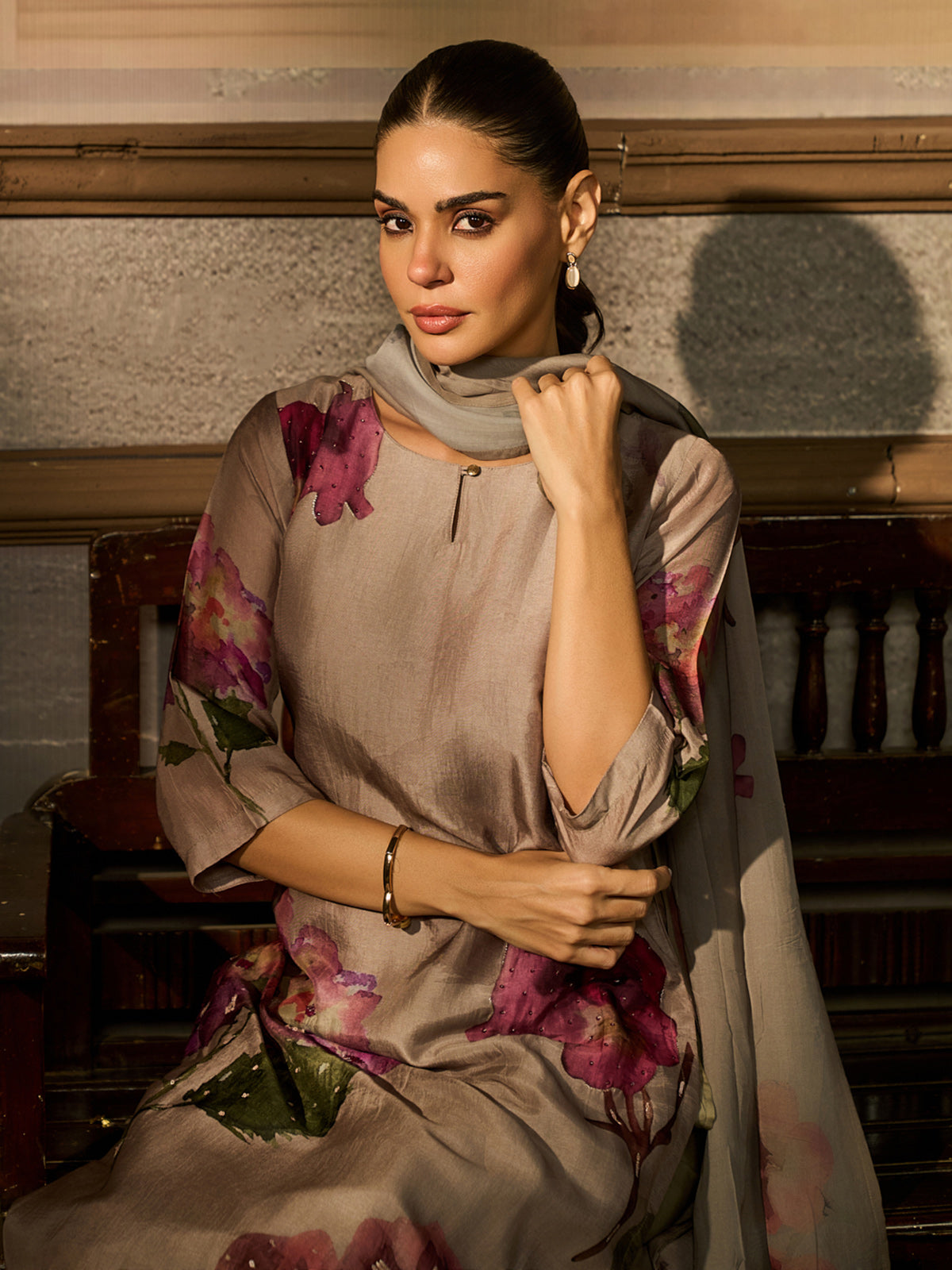 Dark beige cotton silk women kurti set with orchid print