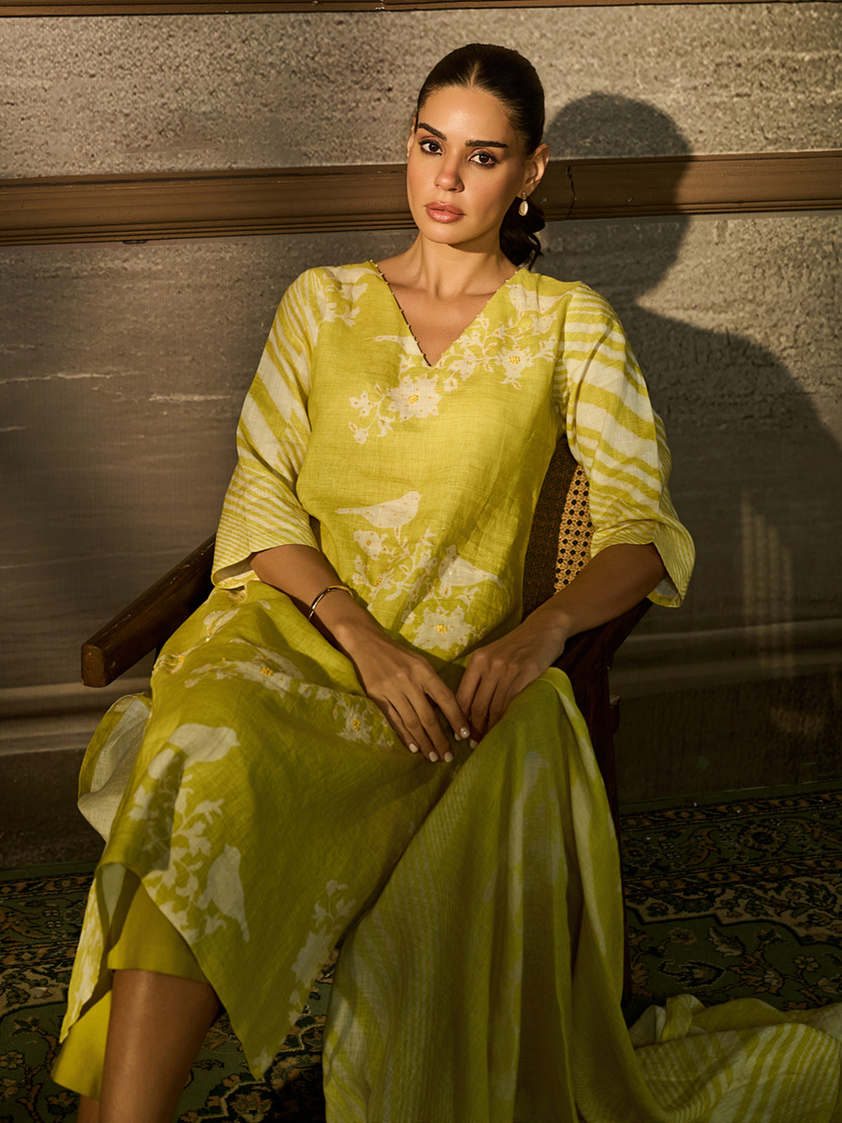 Lime green cotton linen women kurti set with bird print