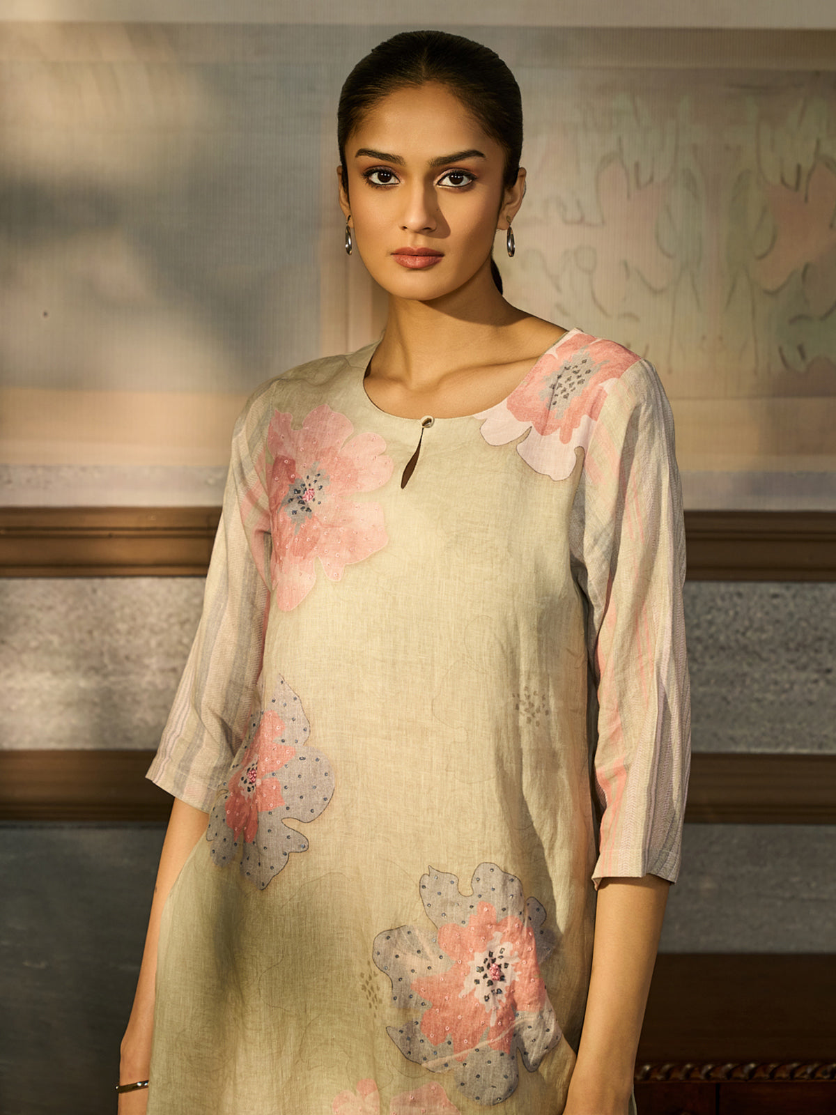 Beige cotton blend women kurti set with watercolor flowers