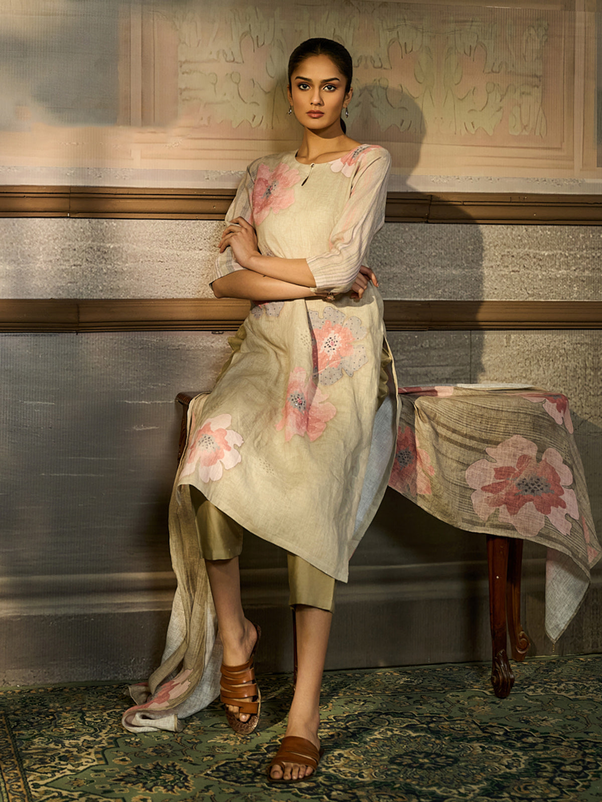 Beige cotton blend women kurti set with watercolor flowers