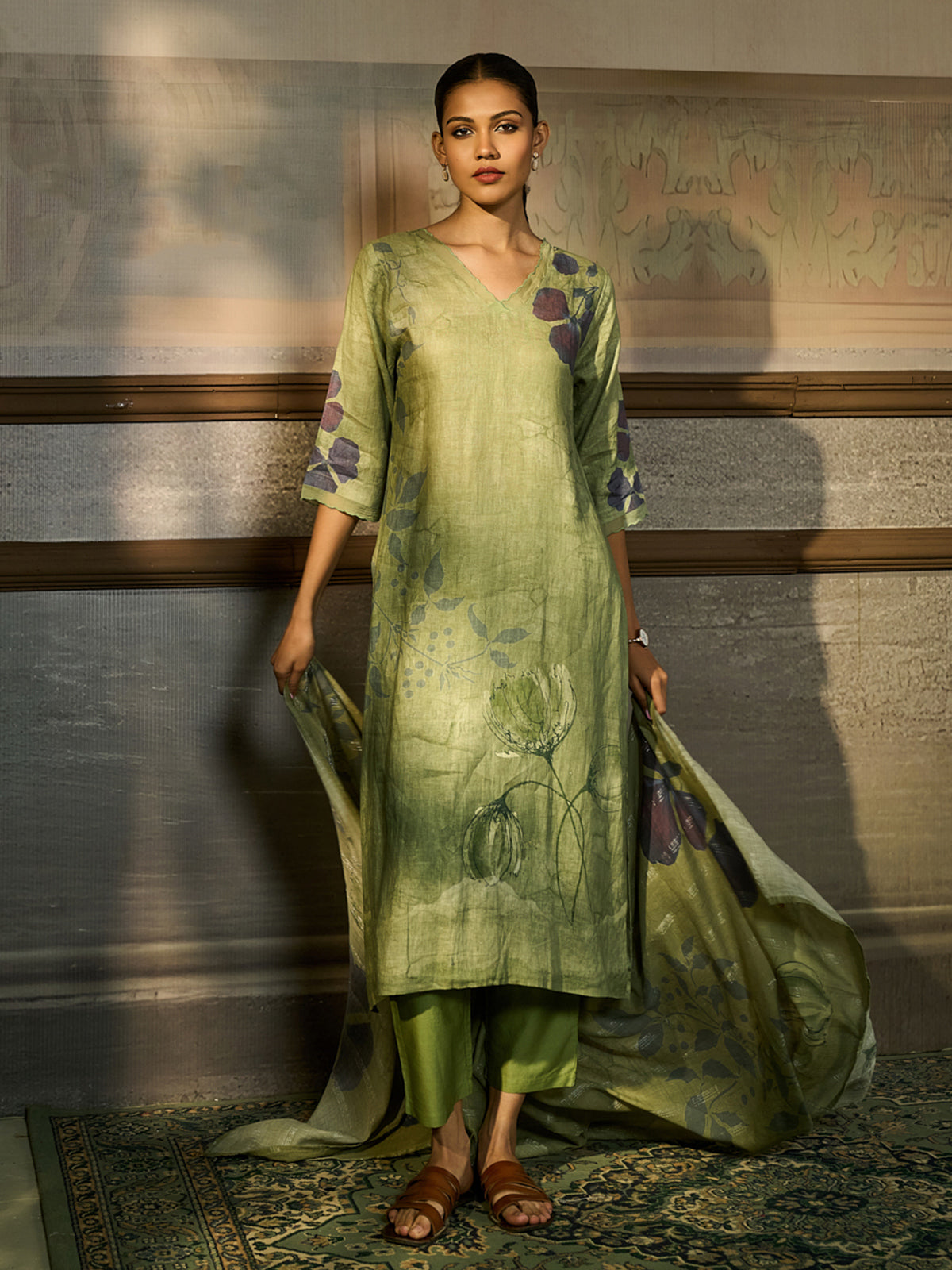 Pista green cotton blend women kurti set with watercolor print