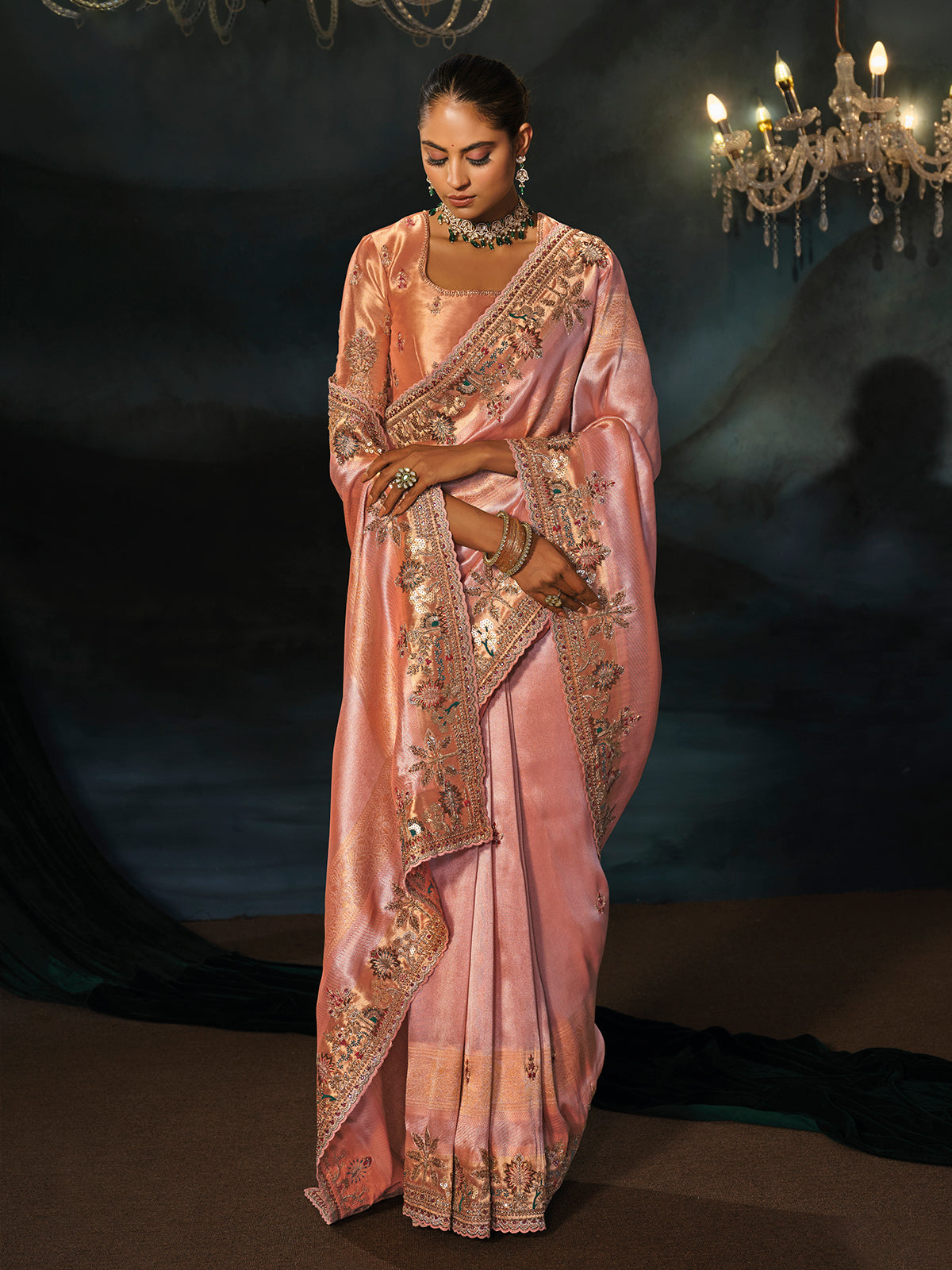 Pink peach madhurai silk women saree with mirror work