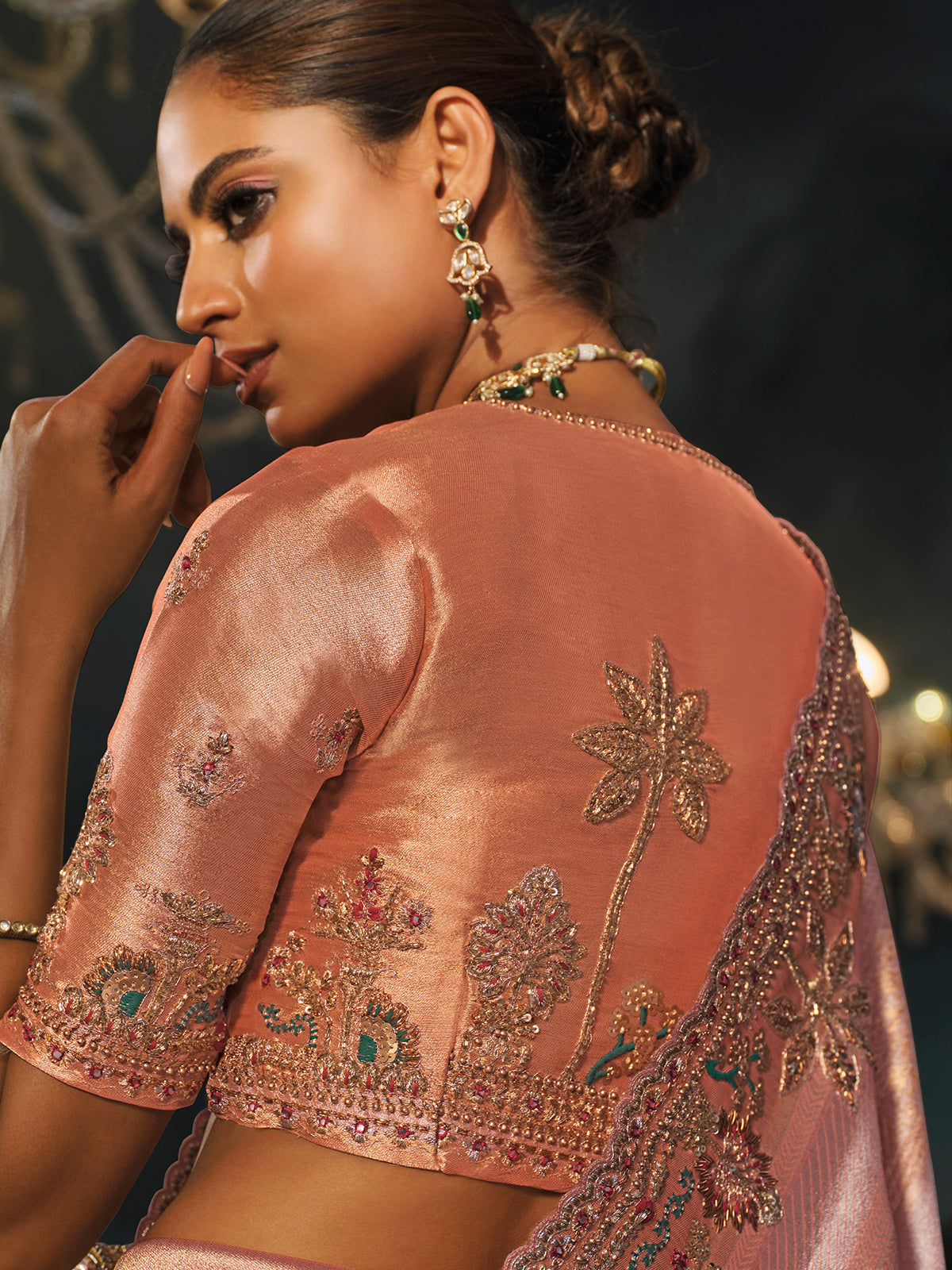 Pink peach madhurai silk women saree with mirror work