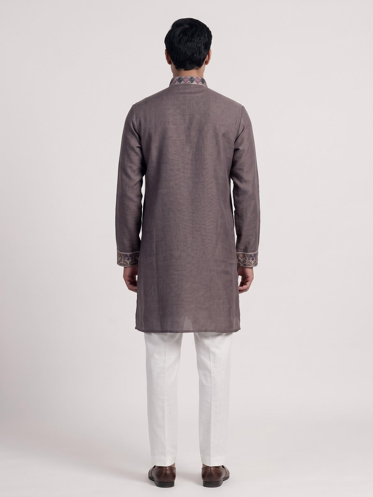 Dusty purple linen men embroidered kurta suit