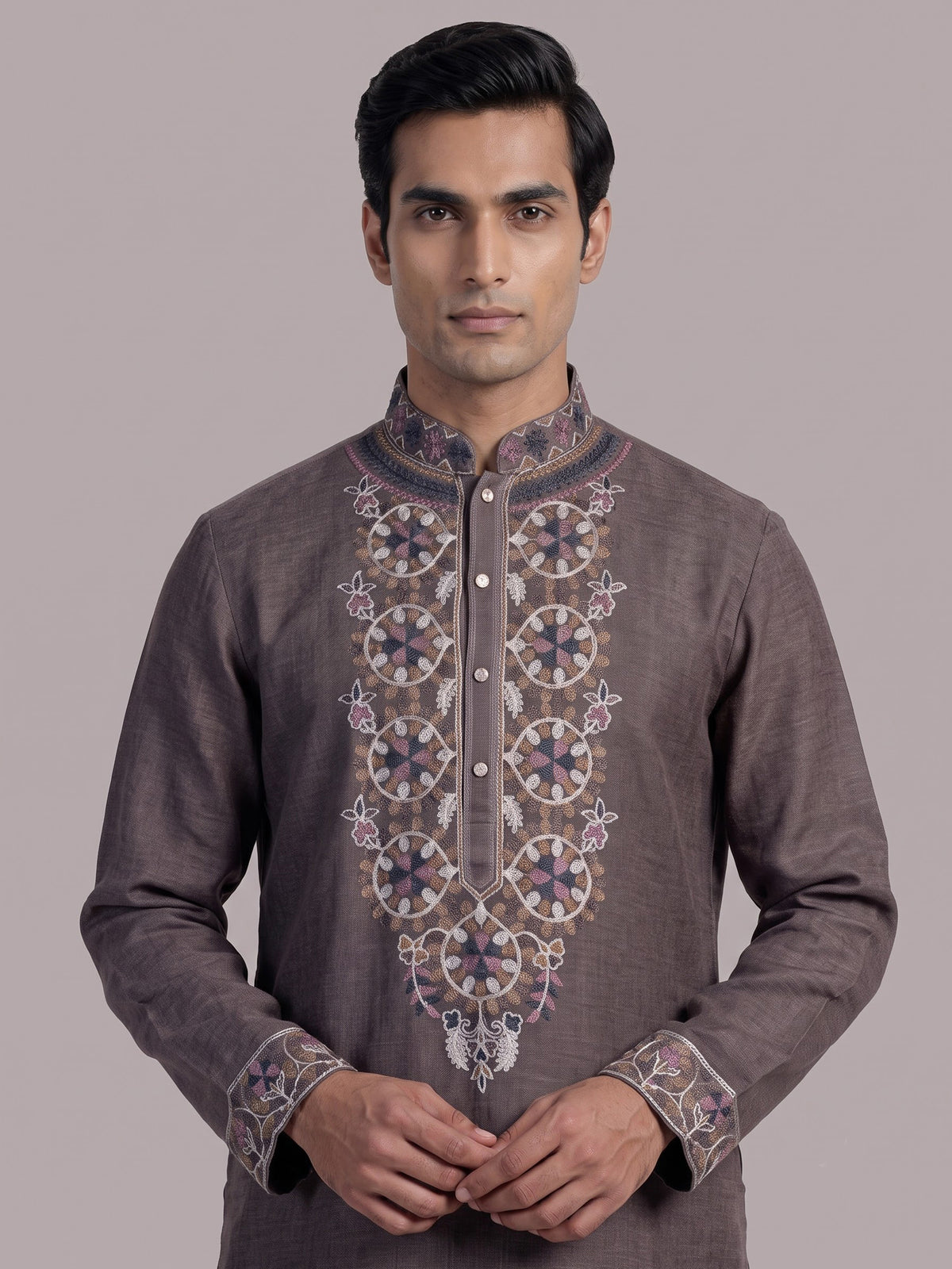 Dusty purple linen men embroidered kurta suit