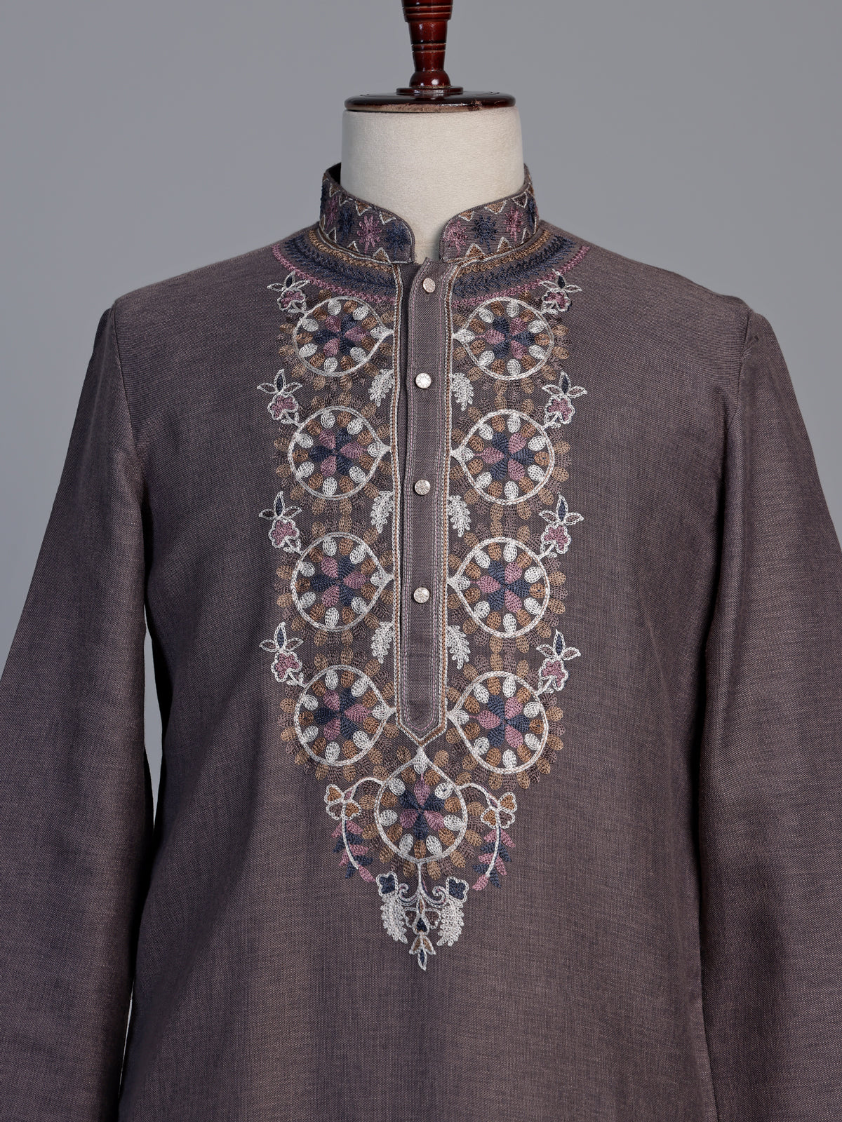 Dusty purple linen men embroidered kurta suit