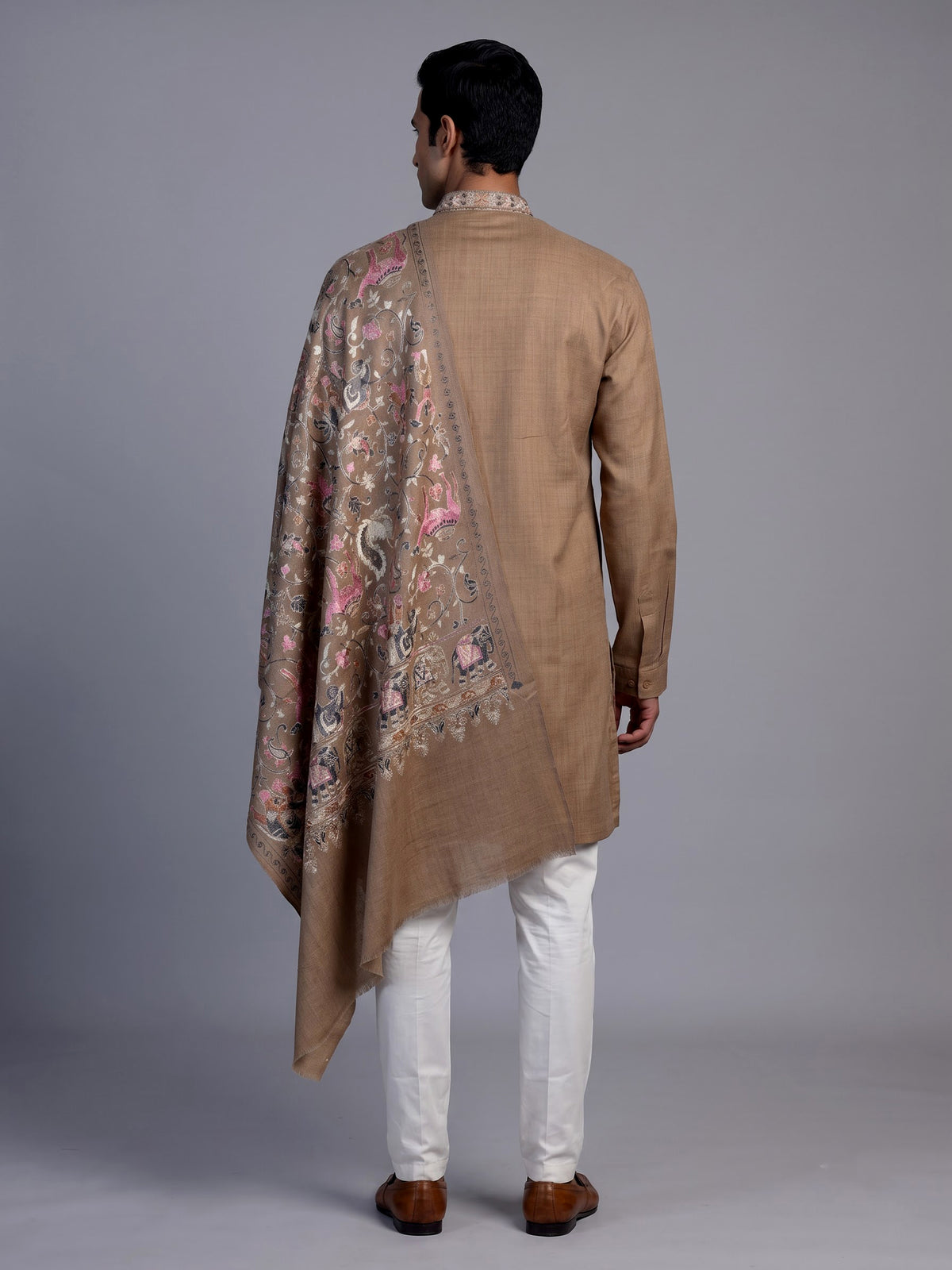 Light brown embroidered men kurta suit with dupatta
