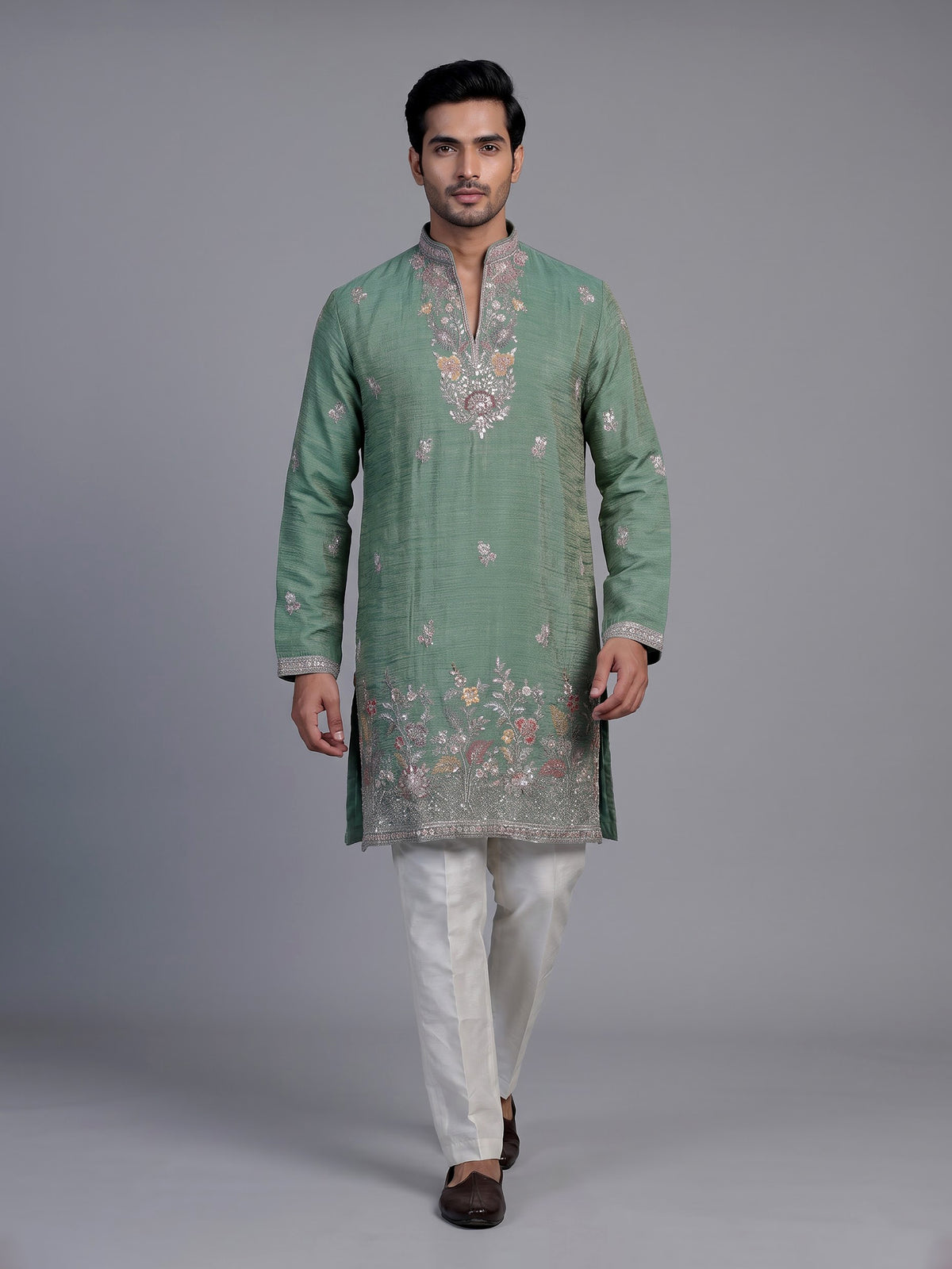 Pista green shimmer silk men kurta suit