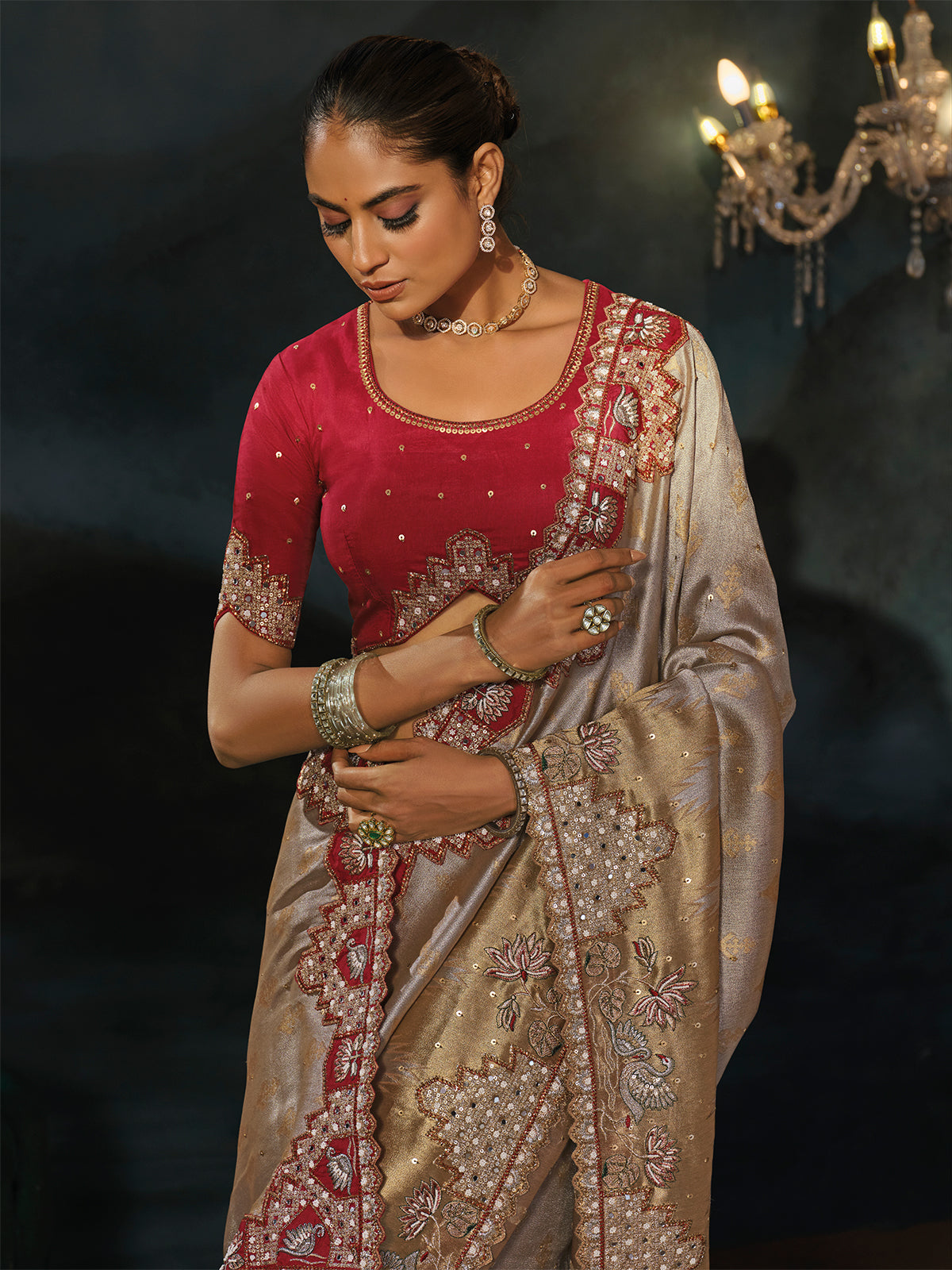 Silver gold tanchoi silk women saree with maroon blouse