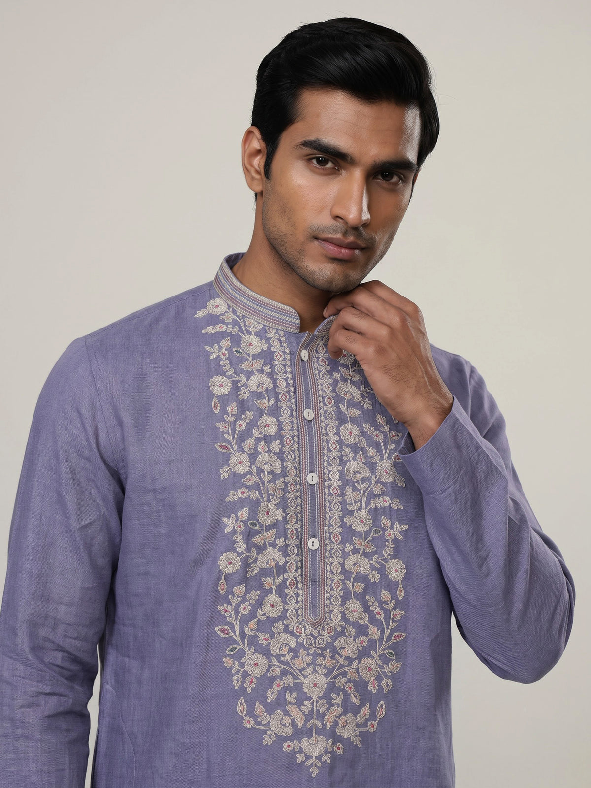 Pastel blue linen men embroidered kurta suit