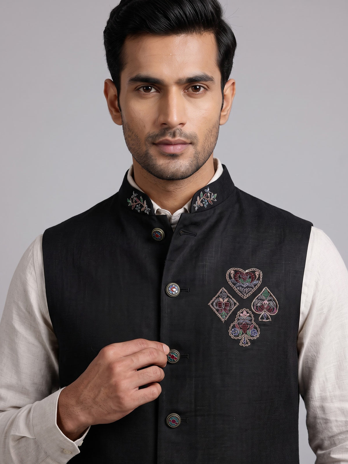 Black regal zardosi embroidered men waistcoat