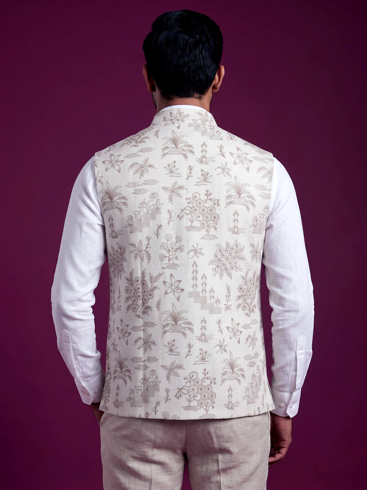 Cream heritage botanical embroidered men waistcoat