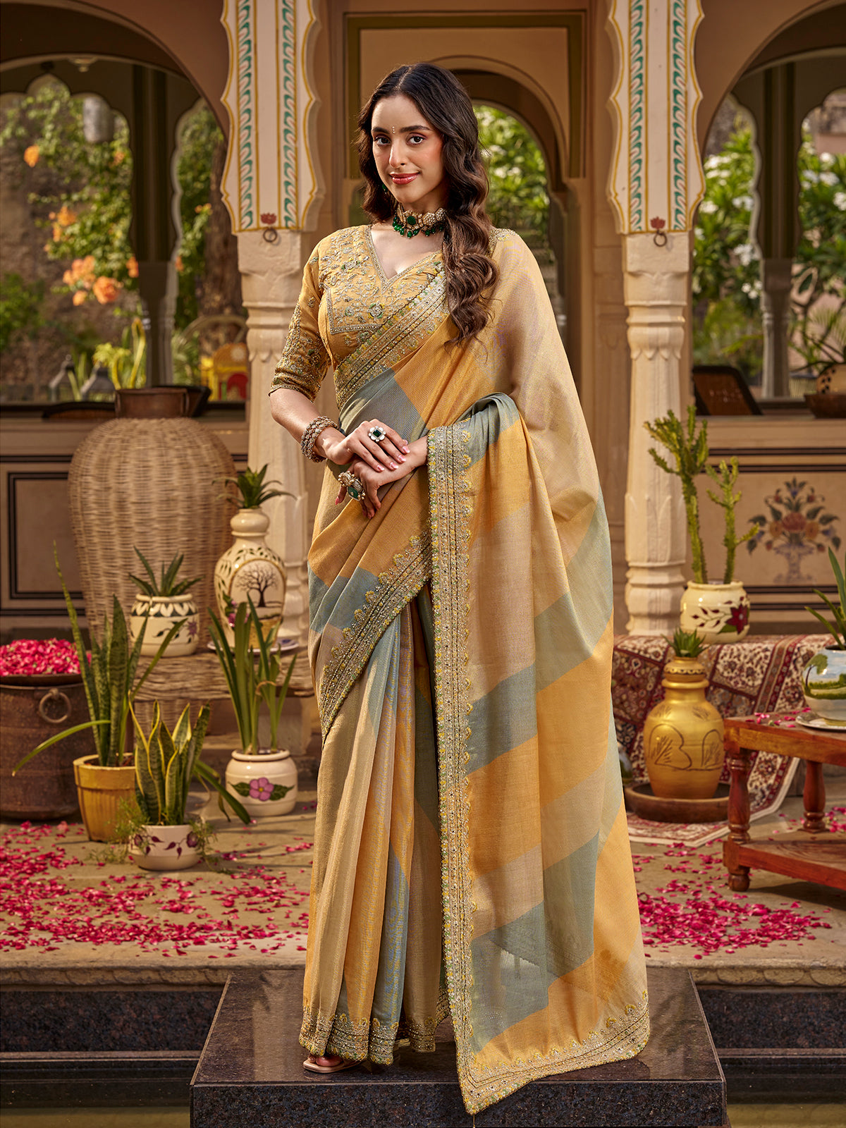 Yellow grey tissue silk women saree with modern charm