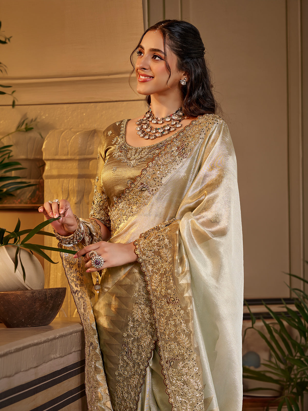 Pale mint silver women saree with floral luxury
