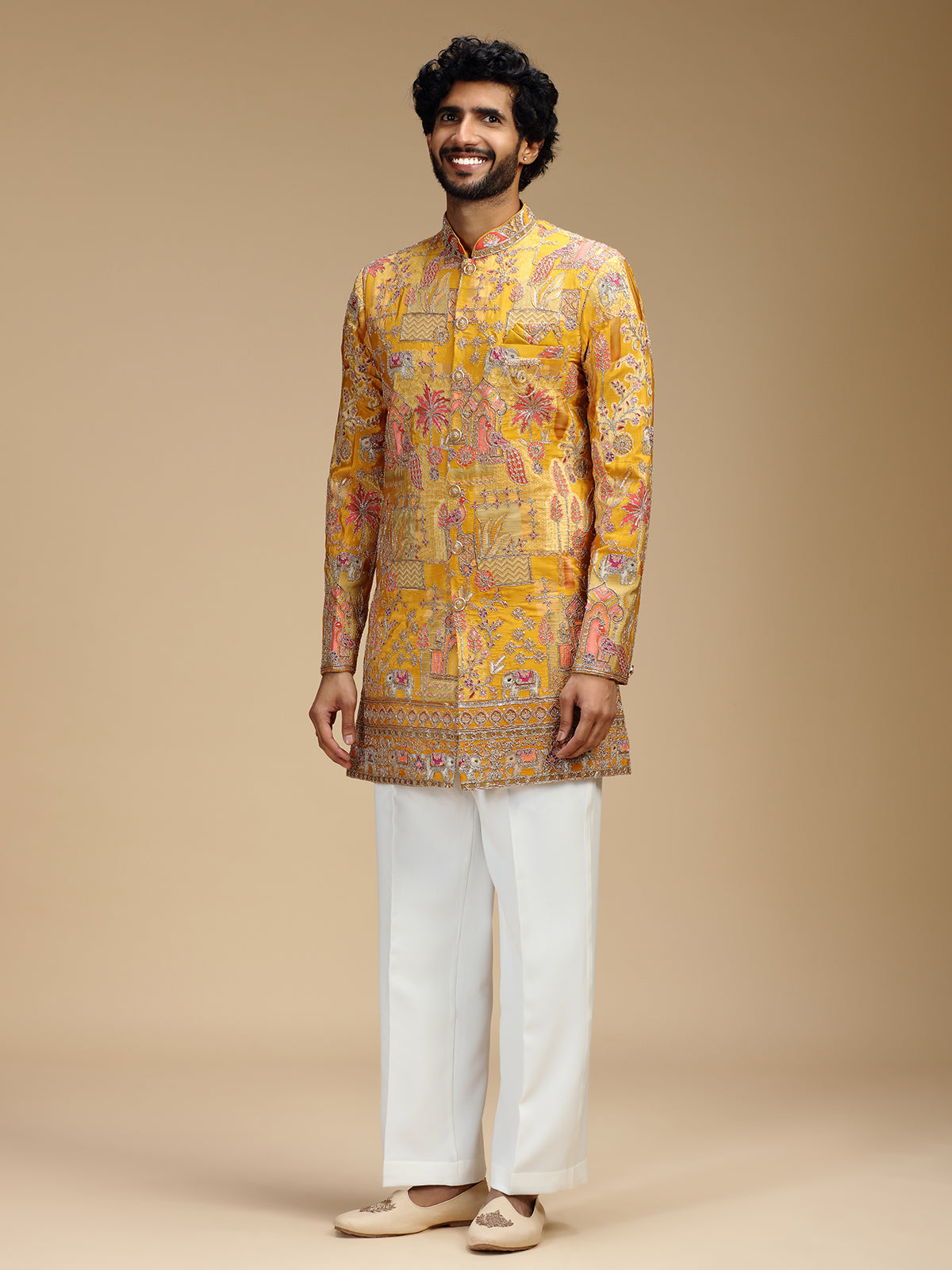 Yellow art silk mens indo western with pichwai print