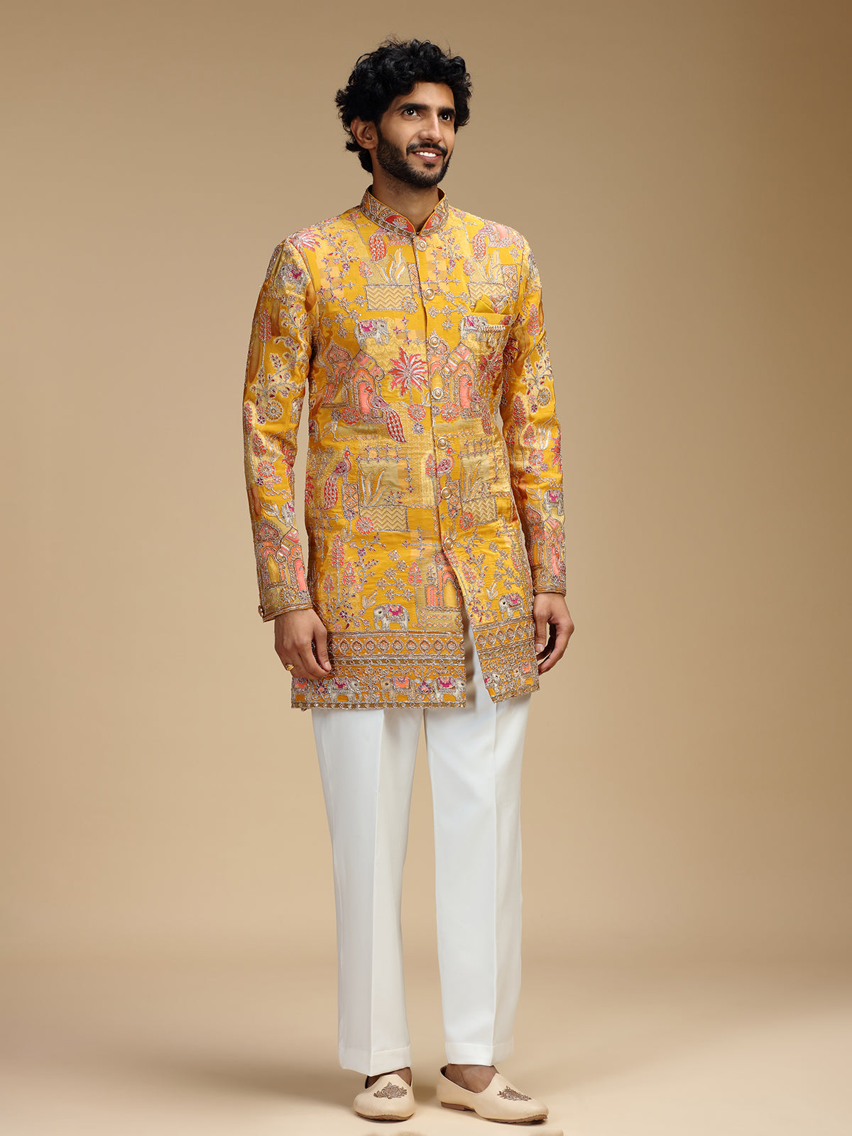 Yellow art silk mens indo western with pichwai print