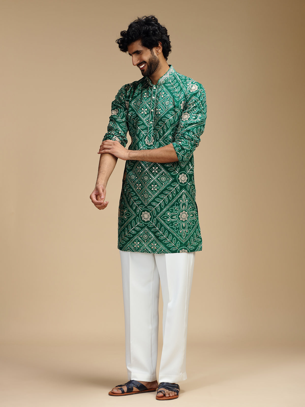 Green art silk mens kurta suit with bandhani print