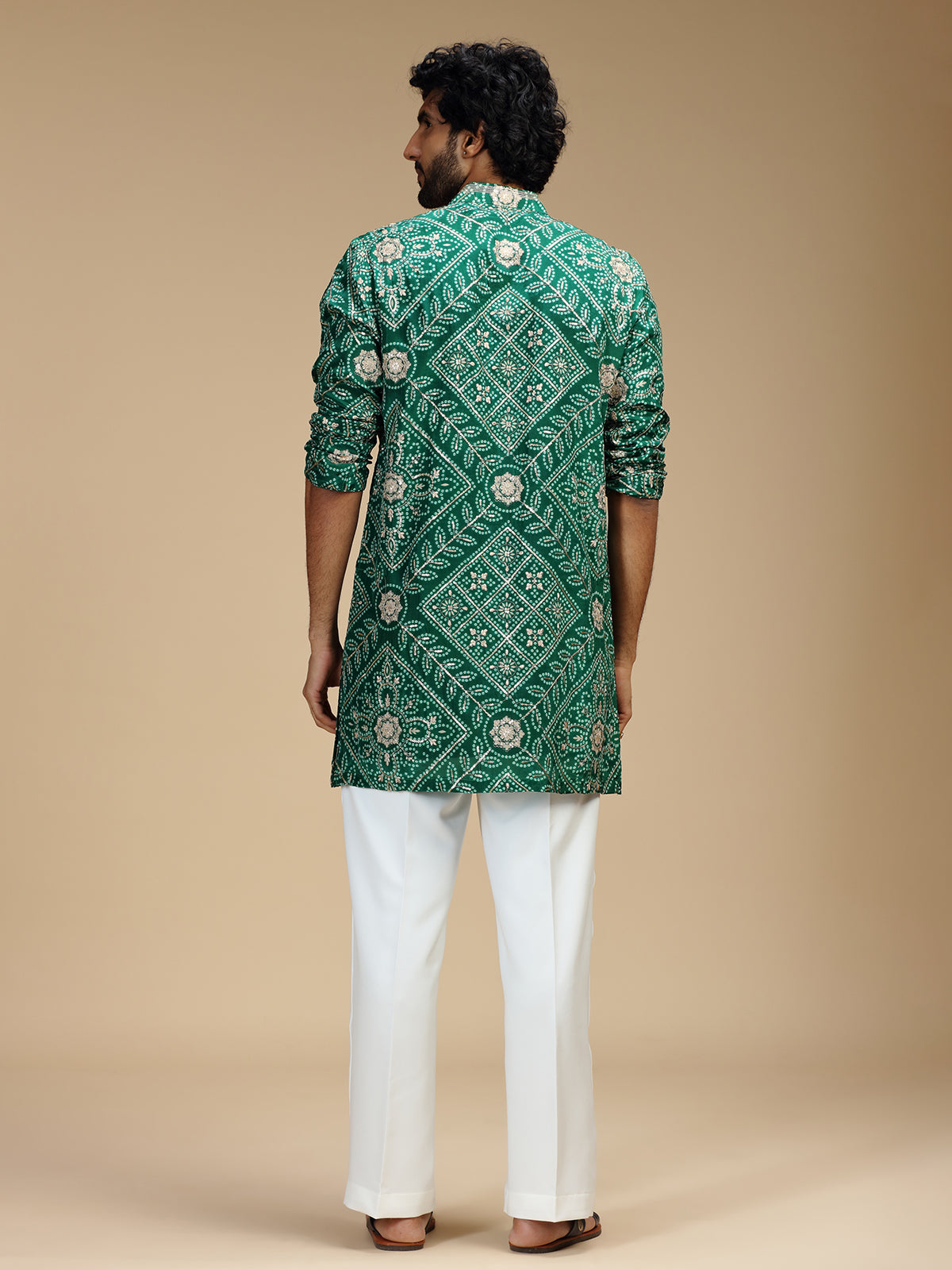 Green art silk mens kurta suit with bandhani print