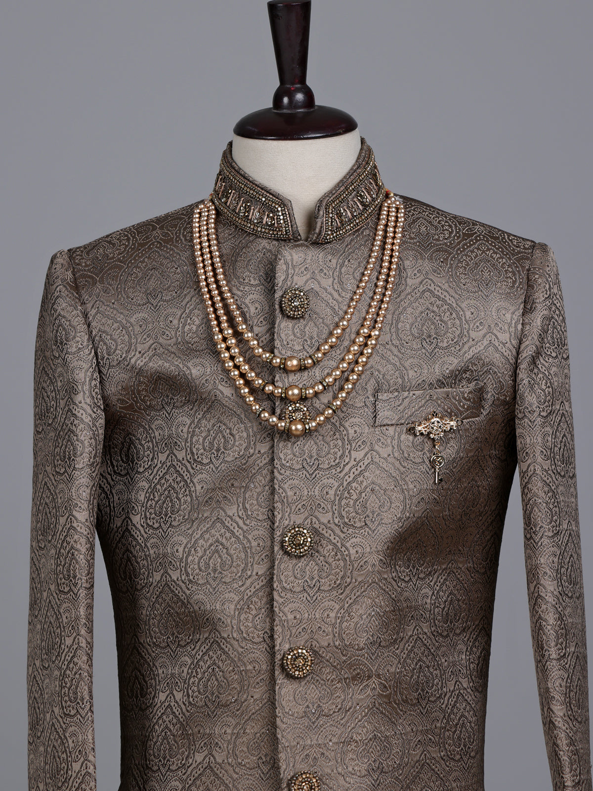 Pastel brown boys poly cotton indowestern set with brootch detailing